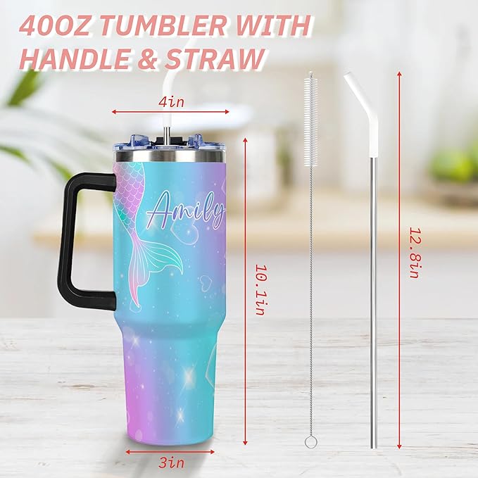 Personalized Mermaid Tail Tumbler with Names, Custom 40oz Tumblers with Handle and Straw Lid, Insulated Stainless Steel Cup, Gifts for Birthday Christmas Anniversary Women Her, Travel Coffee Mug - Bloomnest