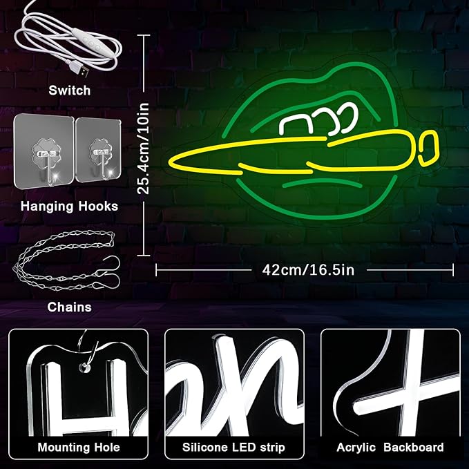 Green Lips Neon Sign Lips Neon Light Sign Dimmable Green Leaves LED Neon Light Signs for Tattoo Shop Bar Pub Wall Decoration Gift for Him - Bloomnest