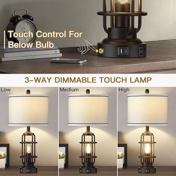 Modern Table Lamps, Industrial 3-Way Dimmable Bedside Lamp with USB A+C Ports & AC Outlet, Touch Control Rustic Nightstand Lamp LED Night Light for Living Room Bedroom Decor Home(4 Bulbs Included) - Bloomnest