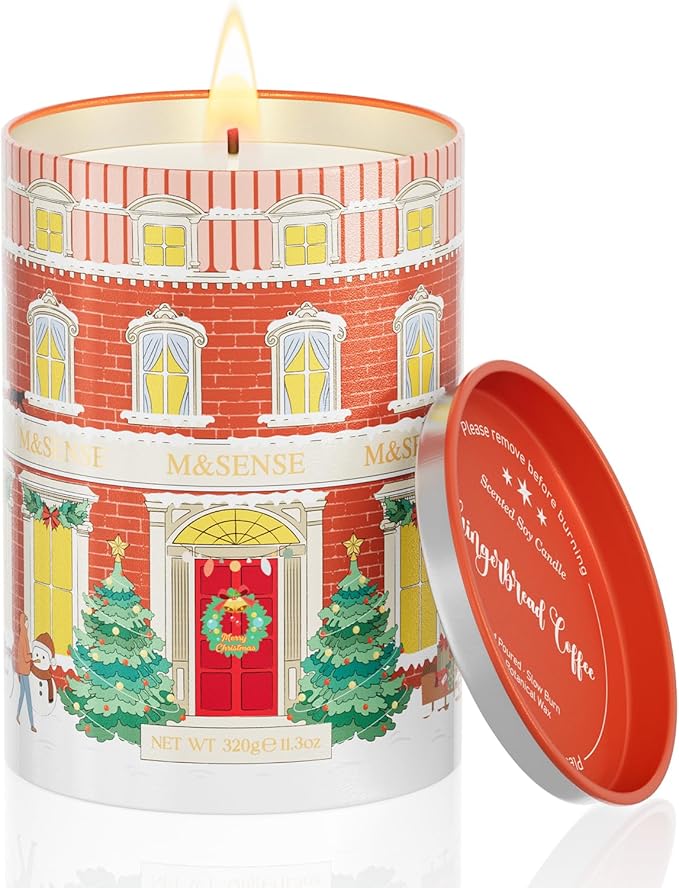 M&SENSE Gingerbread Coffee Christmas Candles, Warm Scented Holiday Candle with Gingerbread Cookie, Chocolate & Coffee Bean, Soy Wax 11.3oz 70 Hour Clean Burn, Cozy Winter Home Decor, Christmas Gifts - Bloomnest