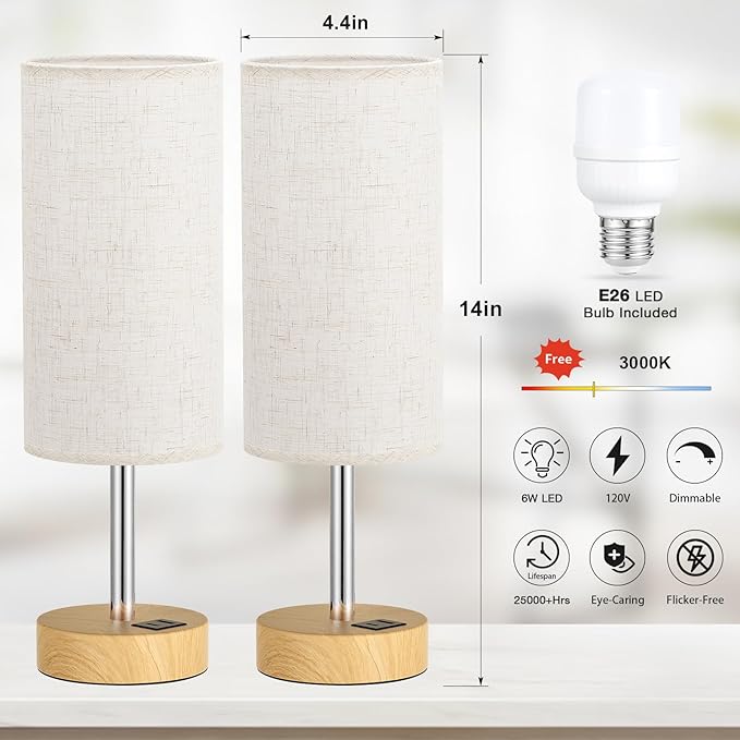 Touch Bedside Lamps Set of 2 - 3 Way Dimmable Table Lamps for Bedroom, Nightstand Lamp with Wooden Charging Station for Kids Room Dorm, Small Desk Lamp for Living Room, Office, Kids Room, Nursery - Bloomnest
