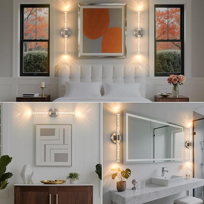Modern LED Battery Operated Wall Sconces Set of Two, Dimmable Bathroom Crystal Wall Sconce, USB Rechargeable Brushed Nickel Vanity Wall Lamp, Bubble Wall Lights For Bedroom, Living Room. 20-Inch - Bloomnest