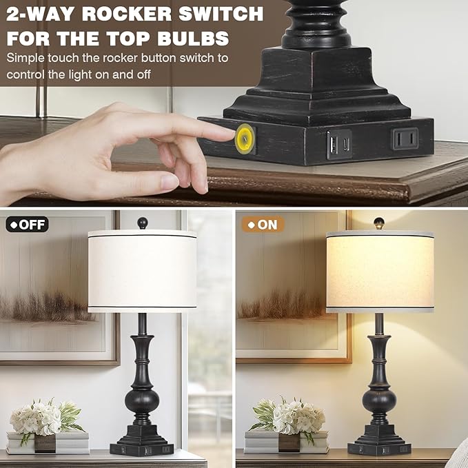 Farmhouse Lamps Set of 2, Vintage Rustic Black Table Lamps with USB A+C Fast Ports & AC Outlets, Traditional Nightstand Bedside Lamp for Living Room Bedrooms Home Office(2 LED Bulbs Included) - Bloomnest