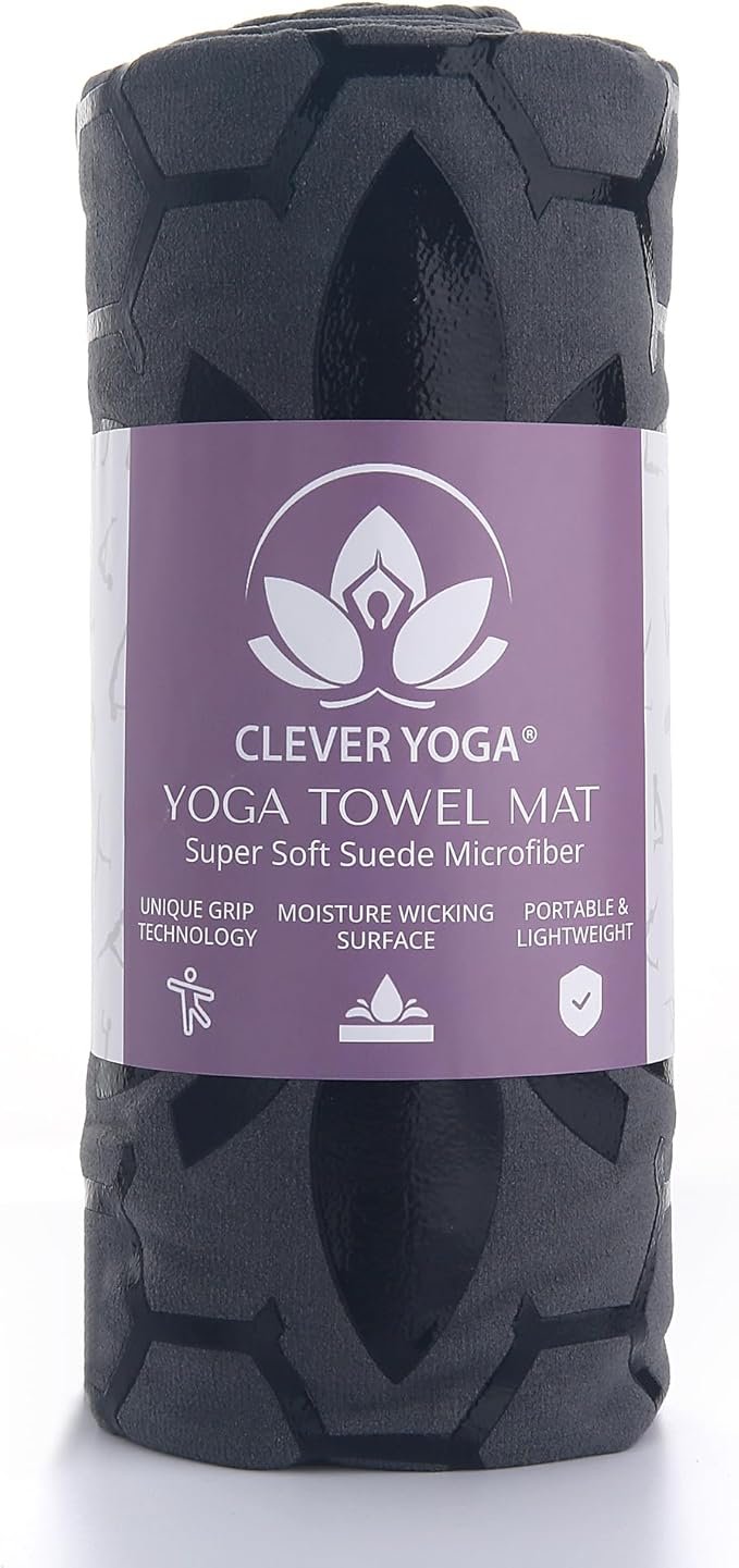 Clever Yoga Hot Yoga Mat Towel – Non-Slip Grip for Hot Yoga, Sweat Absorbent, Honeycomb Silicone Grip, Stays Flat – Ideal for Pilates, Travel, Washable & Lightweight - Gray