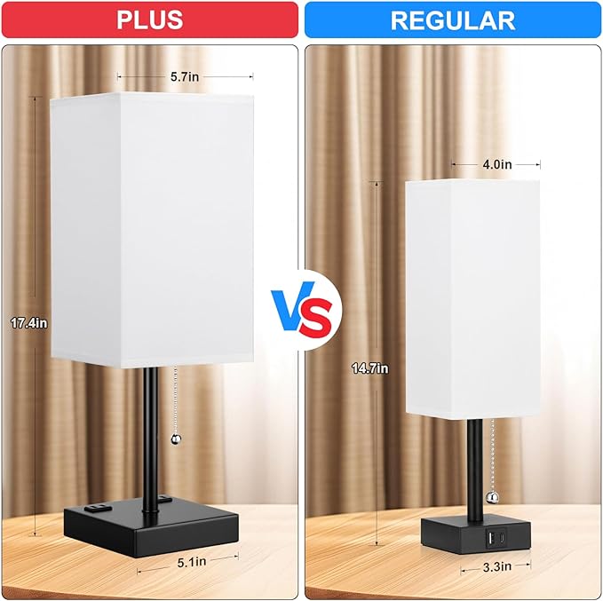 Plus Bedside Table Lamps Set of 2 - White Bedroom Lamps with 3 Colors, Square Nightstand Lamp with USB C + A Charging Ports and 2 AC Outlets, Pull Chain Night Light for End Table - Bloomnest