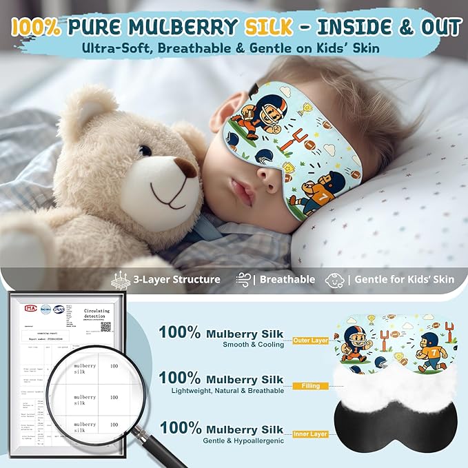 Kids Sleep Mask – 100% Mulberry Silk Eye Mask with Adjustable Strap, Soft Light Blocking Sleeping Mask for Children, Cute Printed Eye Cover for Boys Girls Ages 5-15 (Football Style) - Bloomnest