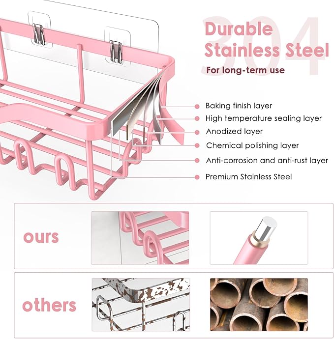 Shower Caddy Adhesive Shower Organizer 7-Pack, Rustproof Stainless Steel Bathroom Shelves, Large Capacity No-Drill Rack Storage Accessories with Soap Dish Toothbrush Holder Hooks - Bloomnest
