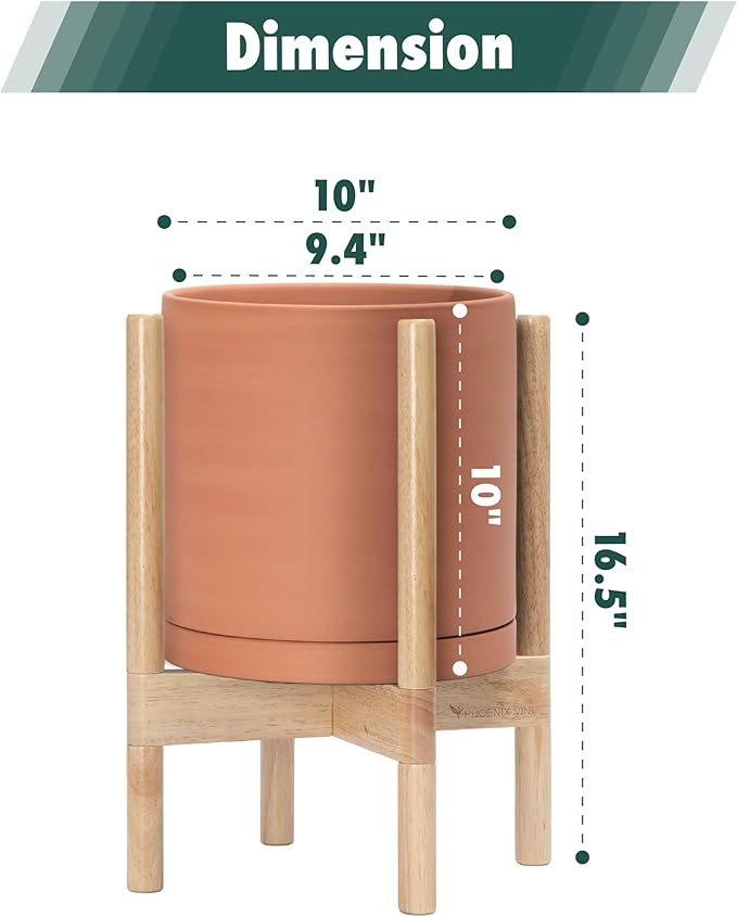 D'vine Dev Terracotta Planter with Natural Stand - 10 Inch Modern Round Flower Pot with Wood Planter Holder, Terracotta, 55-B-K-5 - Bloomnest