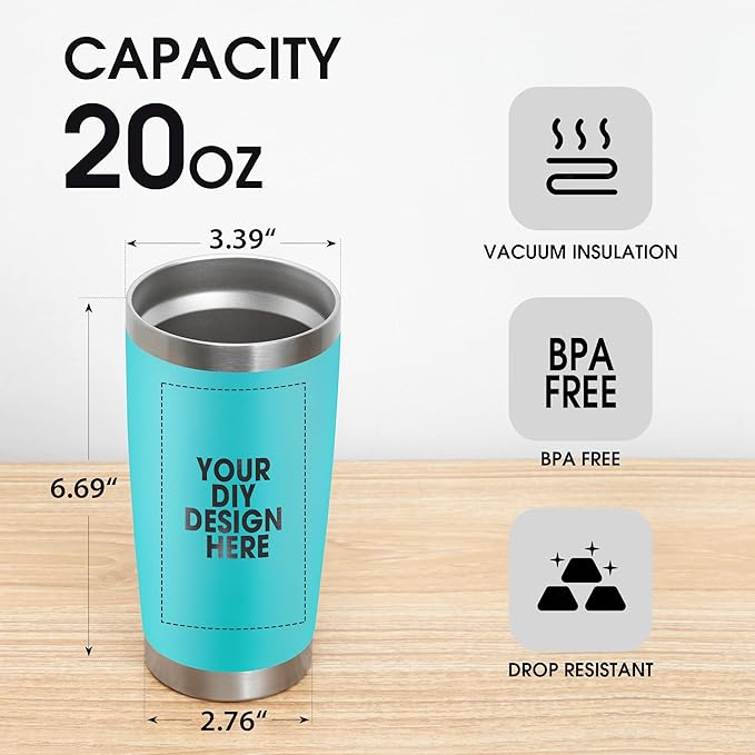 Personalized Custom Tumbler Print in USA 100 Pcs 20oz Stainless Steel Coffee Cup with Lid & Straw Double Wall Insulated Tumbler with Colorful Text Logo Photo - Bloomnest
