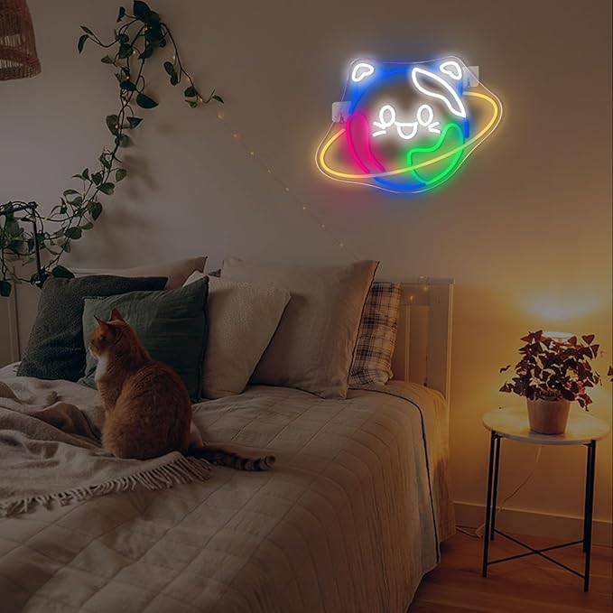 Lucunstar Planet Cat Neon Sign Cute Neon Light Signs for Wall Decor Cat LED Lights USB Connectivity Adjustable Brightness Earth Decor for Home Wall Bedroom Pet Shop Gifts for Geography Lover - Bloomnest