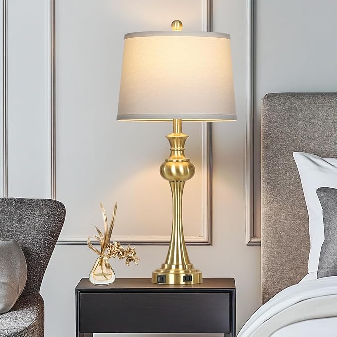 28.75" Modern Table Lamps Set of 2, Gold Bedside Lamp with USB A+C & AC Outlet,Brass Unique Desk Lamps for Living Room, Bedroom, Nightstand, End Table (2 Bulbs Included) - Bloomnest