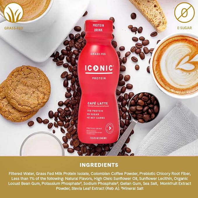 Iconic Protein Drinks, Café Latte (12 Pack) - Sugar Free & Low Carb - 20g Protein + 100mg Caffeine - Lactose Free, Gluten Free - Keto Friendly Protein Coffee - Bloomnest