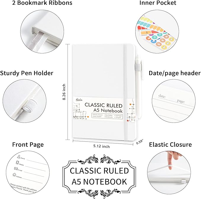 feela College Ruled Notebooks, 24 Pack Business Notebook Hardcover Lined Writing Journal with Pen Holder for Men Women Note Taking, with 24 Black Pens, 120 GSM, 5.1”x8.3”, A5, White - Bloomnest