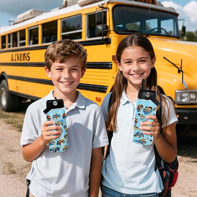 Monster Truck Boys Water Bottle, 16oz Kids Stainless Steel Insulated Water Bottle with Straw Lid, Monster Truck Cup Tumbler Gifts for School - Bloomnest