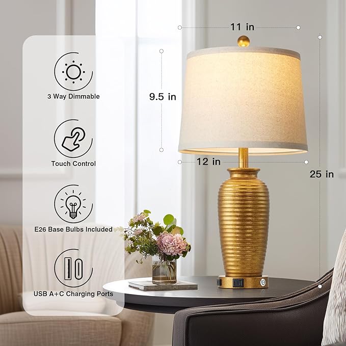 25" Retro Gold Farmhouse Jar Table Lamps Set of 2, 3 Way Touch Control Rustic Bedside Lamps with USB A+C Ports & AC Outlet, Pot Nightstand Lamps for Bedroom Living Room (LED Bulbs Included) - Bloomnest