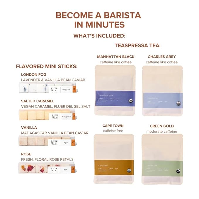 Tea Latte Sampler Kit by Teaspressa – 4 Signature Organic Tea Blends + 4 Luxe Sugar Cubes – Make at Home - Manhattan Black, Earl Grey, Green & Rooibos Tea – Salted Caramel, Vanilla, London Fog & Rose Gourmet Sugar Cubes – Gift Set - Vegan & Gluten-Free - Bloomnest