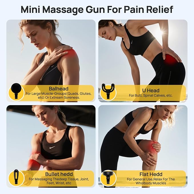 Mini Massage Gun Deep Tissue, Handheld Portable Mini Travel Size Percussion Deep Tissue Massager with 4 Attachments & 5 Speeds, Ideal Gift for Men & Women, Yellow - Bloomnest