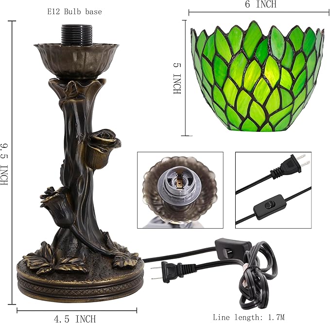 Small Tiffany Lamp Mini Stained Glass Table Lamp Green Wisteria Accent Desk Uplight W6 H13.5 Inch Bronze Resin Base - Bloomnest
