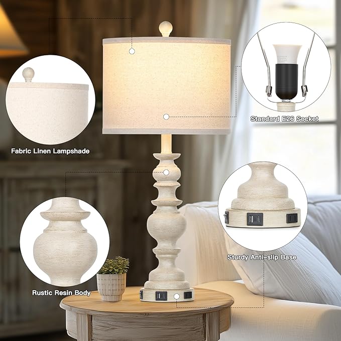 27.5" Farmhouse Table Lamps Set of 2, Rustic Living Room Lamps with USB C+A Ports & AC Outlet, Vintage Bedside Lamps with Linen Shade, Tradition Bedroom Lamps for Nightstand Side End Table Desk, Beige - Bloomnest