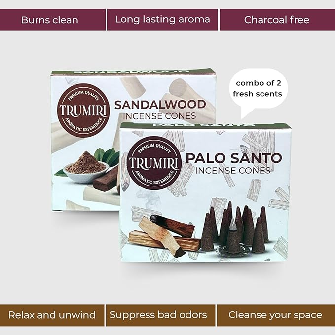 TRUMIRI Incense Cones - Combo Pack of 20 Cone Incense - 10 Palo Santo + 10 Sandalwood - Insence Cones - Incense Cones Scented - Cone Incense Scents - Insense Cones - Incent Cone TRUMIRI