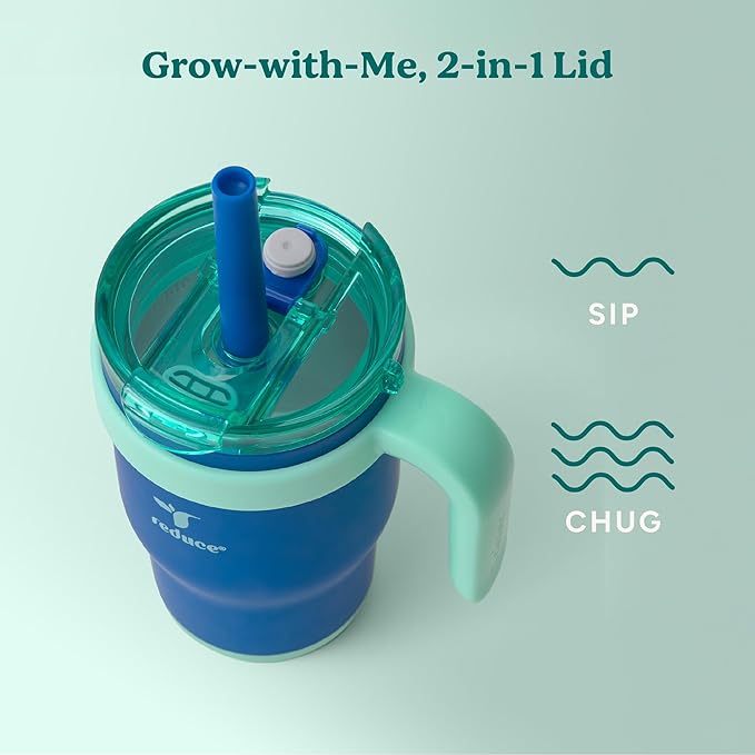 REDUCE 14 Oz Coldee Kids Tumbler with Lid and Straw - Coldee Insulated Travel Mug - Spill-Proof, Sweatproof Stainless Steel, BPA-Free - Includes Handle, Reusable Silicone Straw - Nautical Mist - Bloomnest
