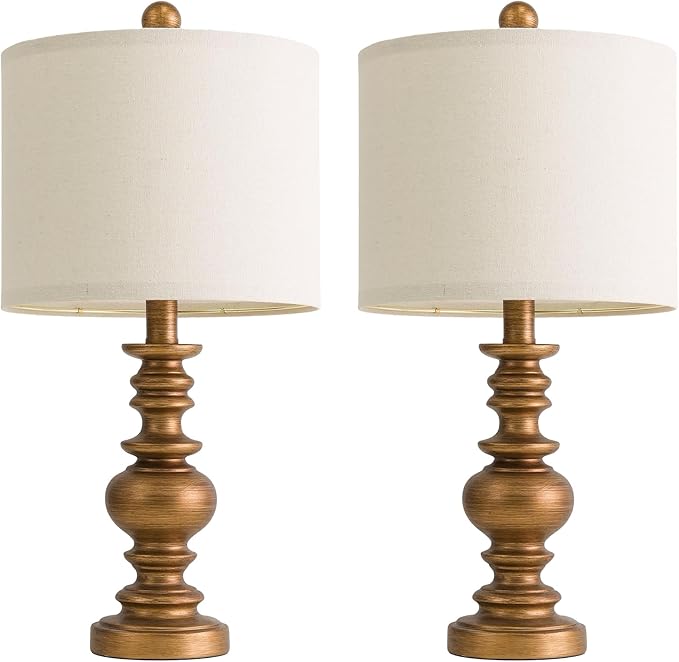 BOBOMOMO 20" Antique Gold Table Lamps Set of 2 – Handcrafted Vintage Bedside Lamps with Linen Shades, Elegant Farmhouse Lamps for Bedroom, Living Room, or Entryway – Perfect for Compact Spaces - Bloomnest