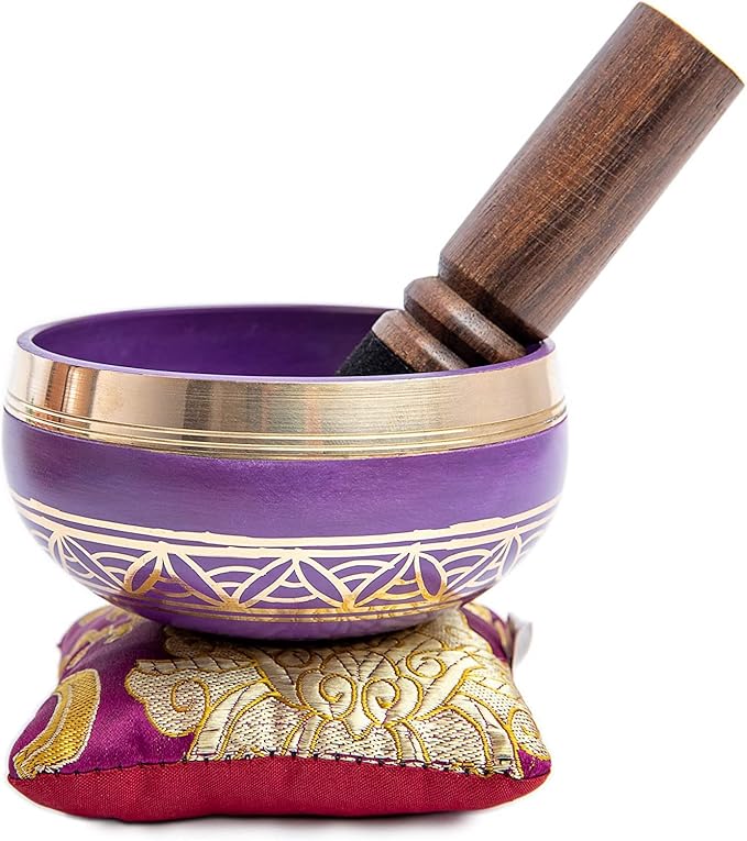 Tibetan Singing Bowl Set - Authentic Handcrafted Mindfulness Meditation Holistic Sound 7 Chakra Healing Gift by Himalayan Bazaar (Purple-Magenta) - Bloomnest