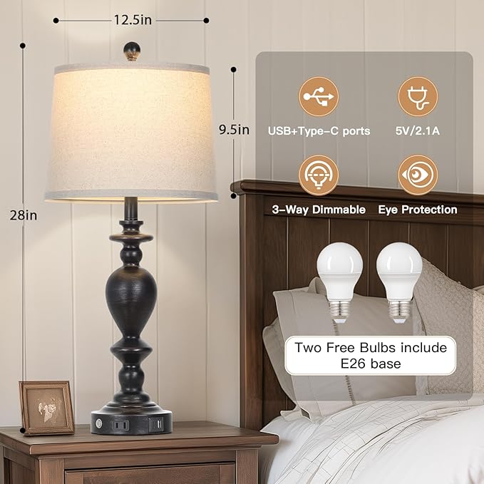 28" Black Farmhouse Table Lamps Set of 2 with USB C+A Ports & AC Outlet for Vintage Living Room Rustic Bedroom,3-Way Dimmable Touch Lamp Retro Resin Bedside Lamps for Nightstand Side Table - Bloomnest