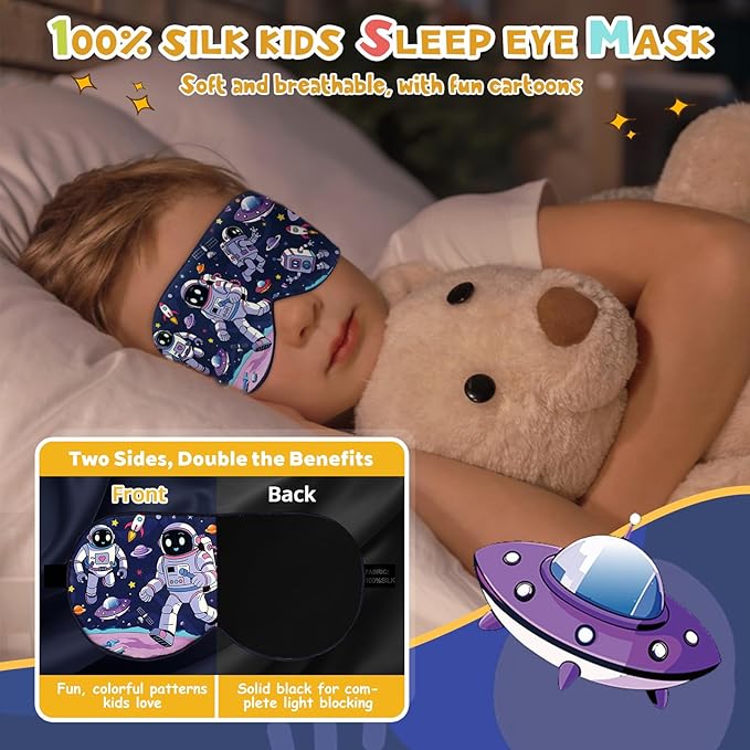 Silk Kids Sleep Mask: 100% Mulberry Silk Eye Mask, Sleeping Masks with Adjustable Strap, Soft & Light-Blocking Printed Kid Eye Cover for Boys Girls Teens Aged 5-15 (Alien Theme) - Bloomnest