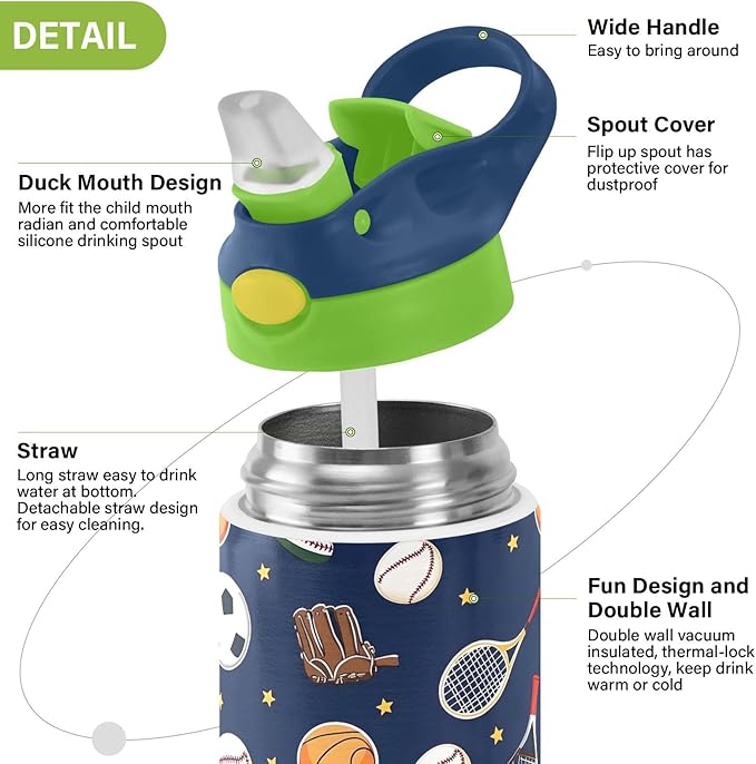 Soccer Basketball Tennis Kids Water Bottle with Straw Lid Insulated Tumbler with Handle Stainless Steel Reusable Toddlers Cup for Kids Boys 12 oz - Bloomnest