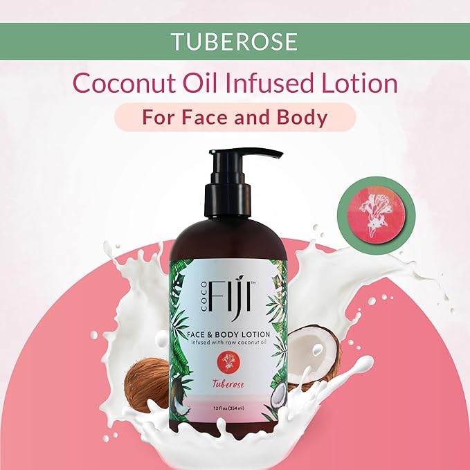 Coco Fiji Face & Body Lotion Infused With Coconut Oil | Lotion for Dry Skin | Moisturizer Face Cream & Massage Lotion for Women & Men | Tuberose 12 oz, Pack of 1 - Bloomnest