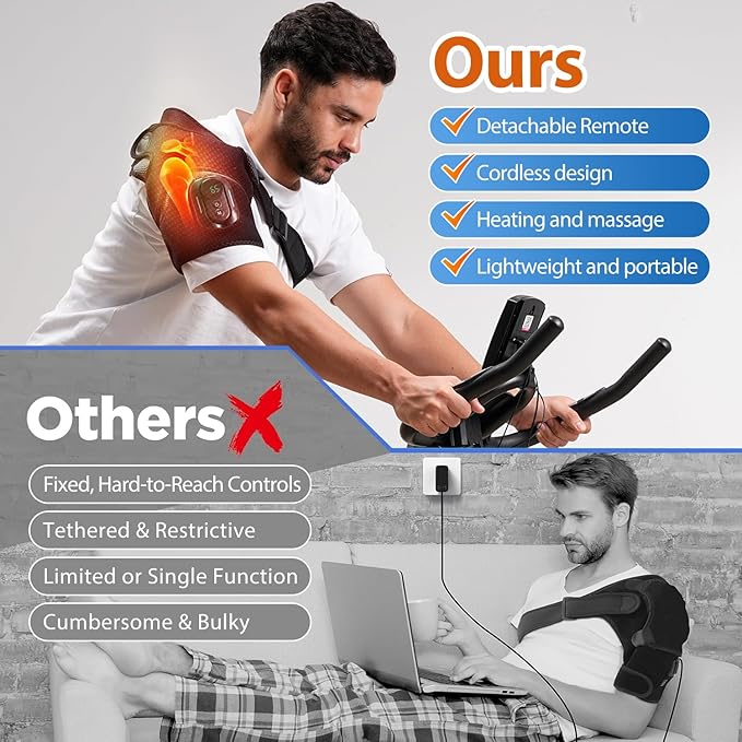 Cordless Shoulder Heating Pad with Magnetic Detachable Remote Control - Heated Massager Shoulder Brace for Pain Relief with 5 Vibration Modes & 5 Heating Levels, Gift for Men Women, Black - Bloomnest