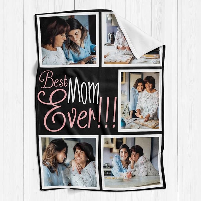 Custom Mom Blanket with 5 Photos Personalized Blanket with Pictures Customized Throw Gifts for Mom Grandma Photo Throw Blanket for Birthday Mother's Day, 15 Colors Available - Bloomnest