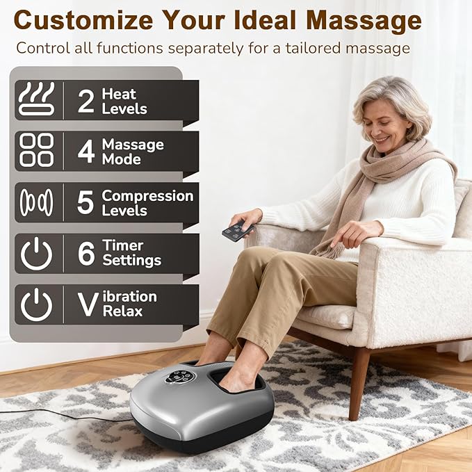Shiatsu Foot Massager Machine with Heat : Deep Kneading Foot Massager with Vibration & Compression for Plantar Fasciitis & Neuropathy - for Women & Men,Relax for Home Office Use (Silver) - Bloomnest