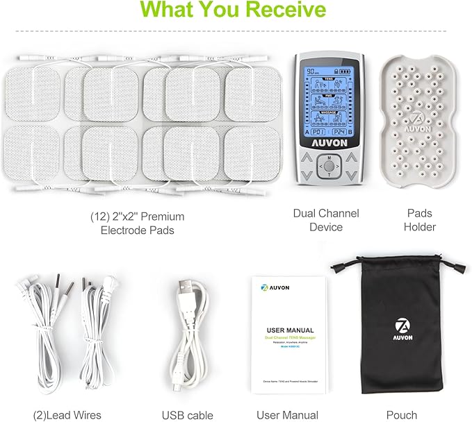 AUVON Dual Channel TENS EMS Unit 24 Modes Muscle Stimulator for Pain Relief, Rechargeable TENS Machine Massager with 12 Pads, ABS Pads Holder, USB Cable and Dust-Proof Storage Bag AUVON