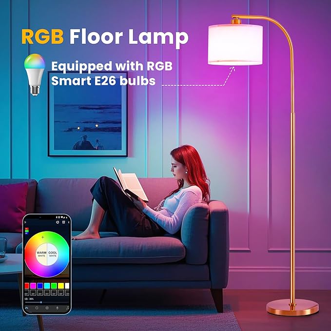 Floor Lamp for Living Room with Remote,Dimmable Tall Standing Lamps,Modern Floor Light with Smart RGB Bulb,App Control,3 Color Temperatures,Fabric Shades,Gold Floor Lamp for Bedroom Office Corner - Bloomnest