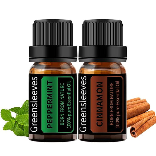 GREENSLEEVES Cinnamon Peppermint Essential Oil Set, 2 x 10ml Pure Plant-Based Fragrance Oil for Aromatherapy, Essential Oils for Diffuser, Massage, Bath Bomb, Scented Candle Soap Making GREENSLEEVES