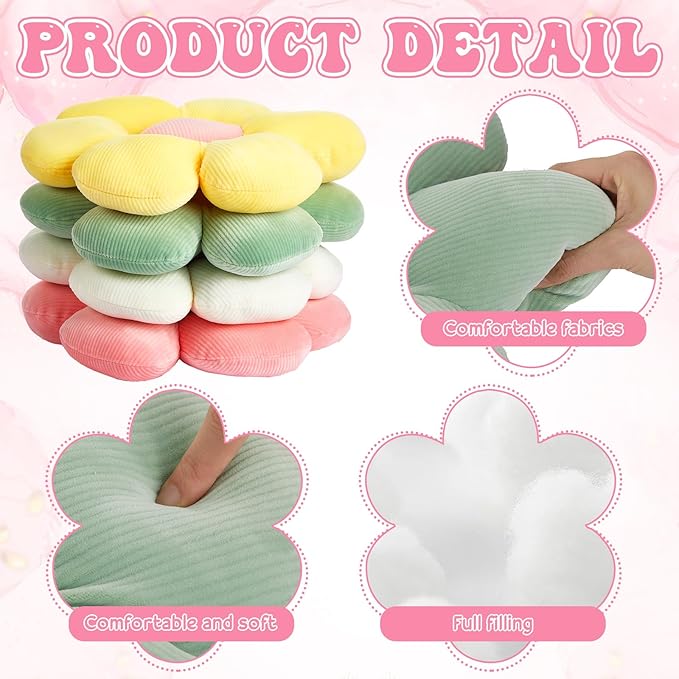 Reginary 4 Pcs Flower Floor Pillows Cute Plush Flower Throw Pillows Daisy Floor Seat Cushion Chair Pads for Back to School First Day of School for Sofa Couch Bed Decor(15 Inch,Light Color) - Bloomnest