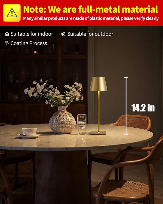 KDG 2 Pack Cordless Table Lamp, Portable LED Desk Lamps, 5000mAh Battery Operated, 3 Color Stepless Dimming Up, for Restaurant, Bedroom, Outdoor Camping, Coffee Shop, Night Light, Rechargeable (Gold) - Bloomnest
