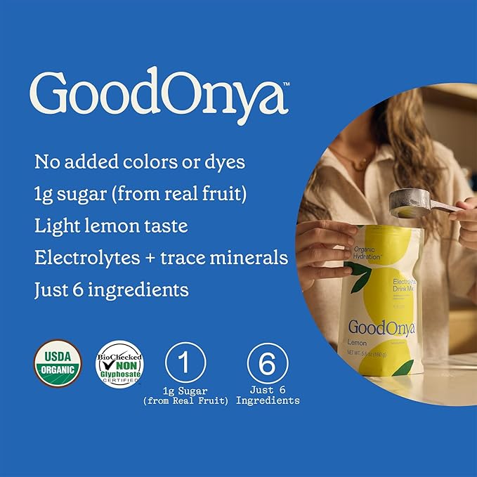GOODONYA Organic Hydration Electrolyte Drink Mix, Certified Organic Hydration Powder, Non-GMO, Biochecked Glyphosate Free, Low Sugar, Lemonade Flavor, No Artificial Flavors, 20 Servings - Bloomnest