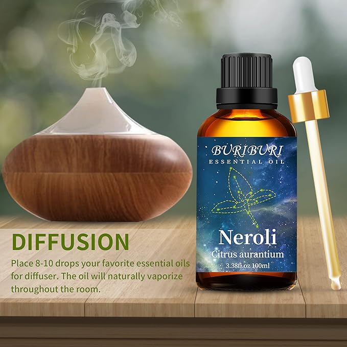 BURIBURI 100ML Neroli Essential Oil Gifts Set, 100% Pure Orange Blossom Oils Undiluted Aromatherapy Neroli Oil 3.38fl.oz for Soap, Candle Making, Massage, Diffuser, Humidifier BURIBURI