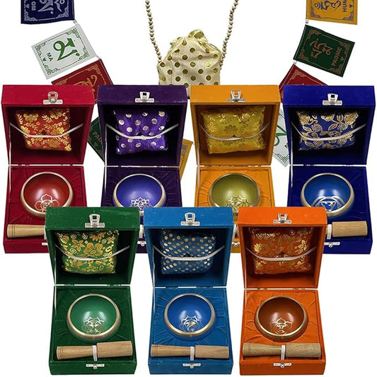 Chakra Singing Bowls Set Cuencos Tibetanos With Cushion Mallet Tulsi Beads Mala Tibetan Prayer Flag For Meditation Mindfulness - Style2 Size Small TRUMIRI