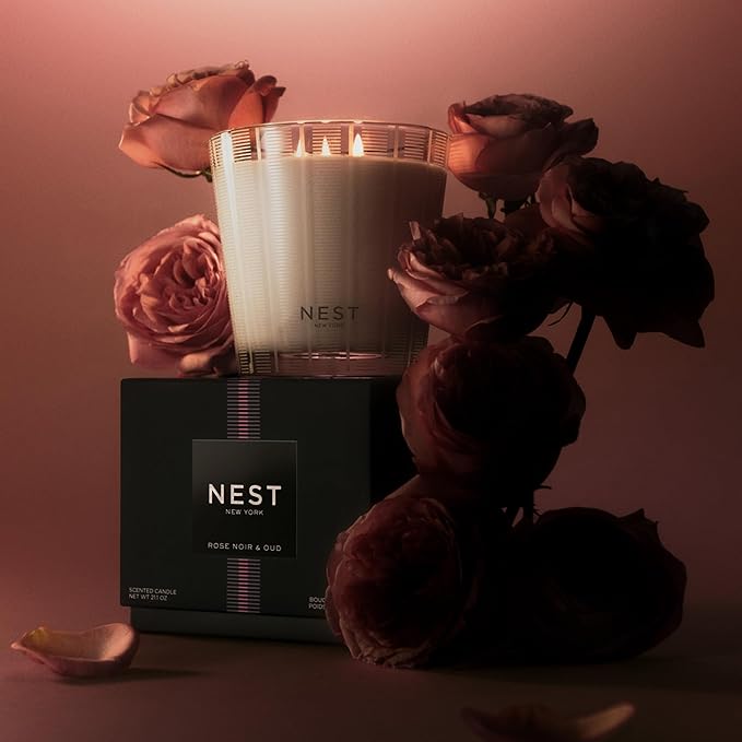 NEST New York Scented 3-Wick Candle, Rose Noir & Oud - 21.2 oz - Up to 100-Hour Burn Time - Reusable Glass Vessel - Bloomnest