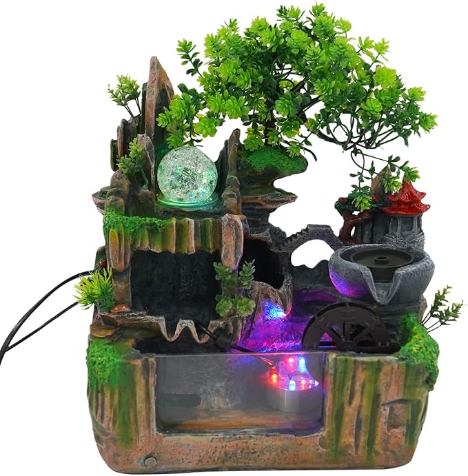 Stone Fountain Indoor Water Fountains Tabletop Waterfall Fountains Relaxing Landscape Atomizing Humidifier with Rockery Plants LED Light for Home Office Bedroom (E) - Bloomnest
