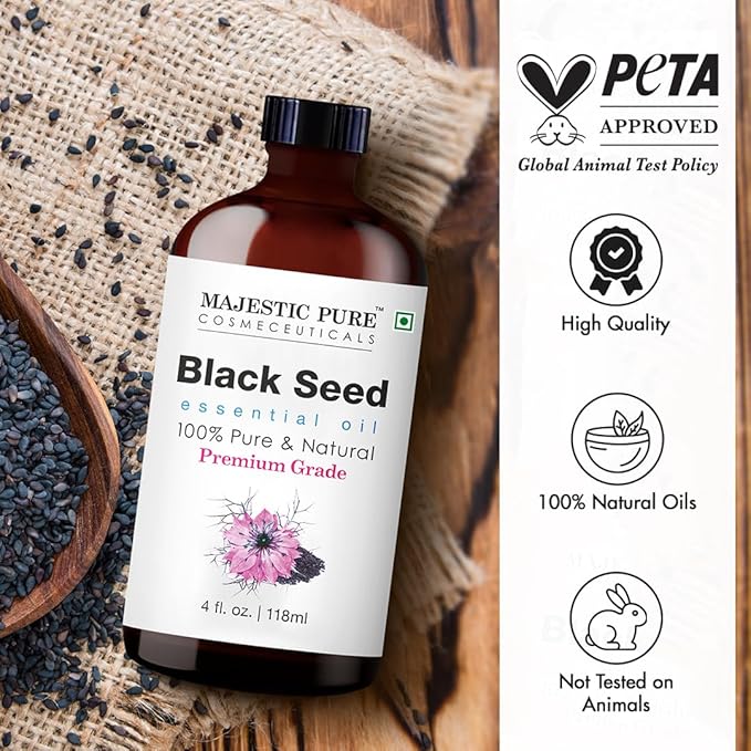 Majestic Pure Black Seed Essential Oil with Glass Dropper - Huge 4 Fl Oz - 100% Pure and Natural Black Pepper Oil - Premium Grade Essential Oils for Diffuser, Aromatherapy, Soap and Candle Making - Bloomnest