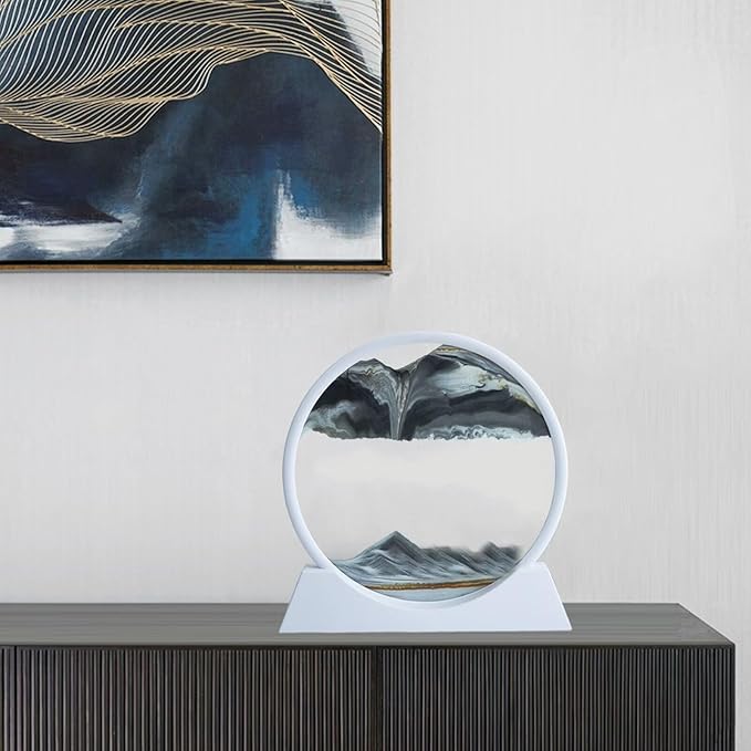 BGFJYUK Moving Sand Art Picture in Motion, Round Glass 3D Deep Sea Sandscapes with Display Flowing Sand Frame for Relaxing Desktop Home Office Work Décor for Kids Adults (White Frame Black, 12inch) - Bloomnest
