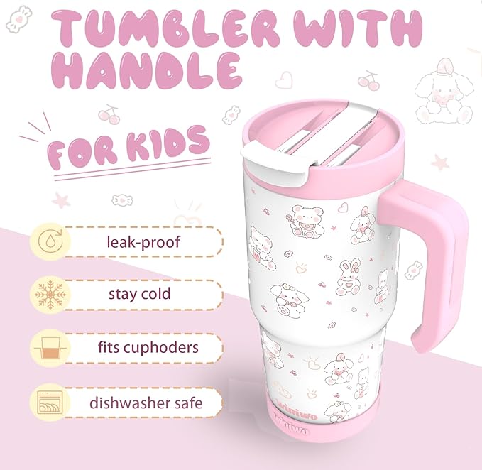 22 oz Tumbler with Handle for Kids, Easy to Hold, Spill-proof, Insulated Cups with Sip/Swig 2-in-1 Lid, Fit Most Car Cup Holders,School, Home,travel,Pink Rabbit - Bloomnest