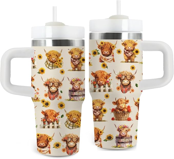 Highland Cow Gifts - 14oz Kids Highland Cattle Yak Tumbler with Handle and Straw, Stainless Steel Insulated Water Cup, for Boys & Girls, Travel - Farm Animal Cow Children Birthday Gift Cup(1pc) - Bloomnest