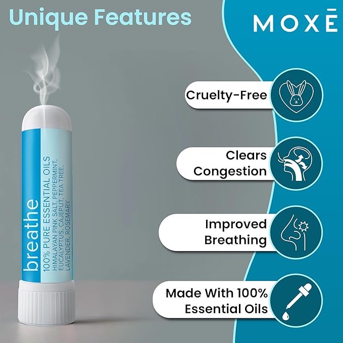 MOXE Breathe | Himalayan Salt Inhaler | Help Clear Congestion, Boost Focus and Improve Breathing | Natural Aromatherapy | Peppermint, Lavender and Tee Tree Essential Oil (3 Pack) - Bloomnest