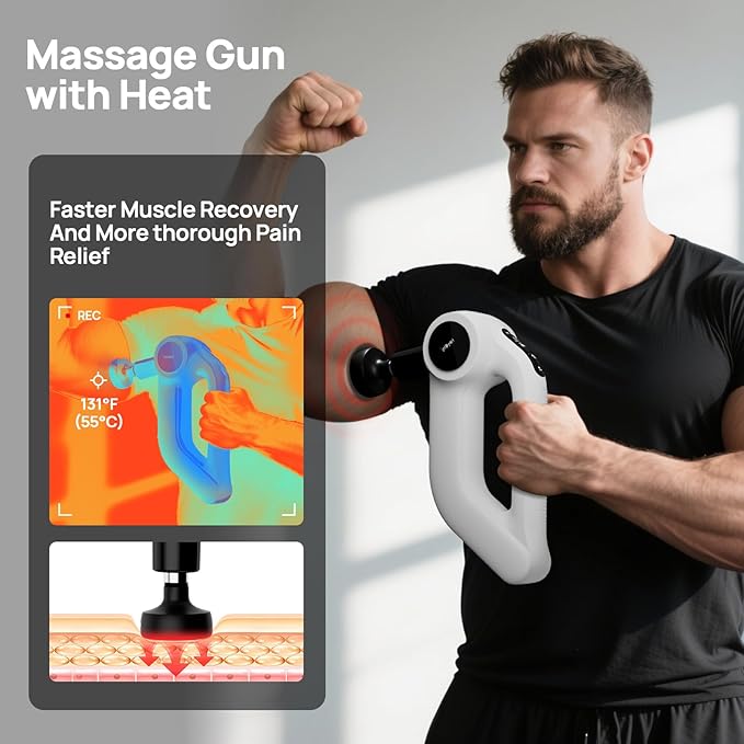 Deep Tissue Massage Gun with Heat, 12mm Amplitude Percussion Massager for Athletes & Muscle Relief, Professional Handheld Masssger Gun for Neck, Back, Shoulder, Leg, Gift for Men, White - Bloomnest